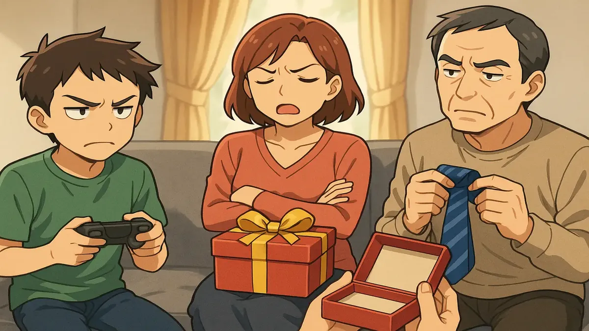 Anime illustration of relatives receiving gifts but showing disappointment, reflecting mixed feelings about gift-giving.